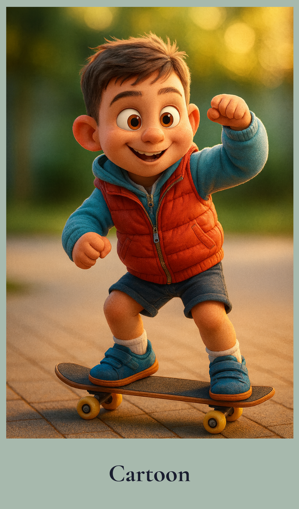 Cartoon character riding a skateboard on a blurred outdoor background