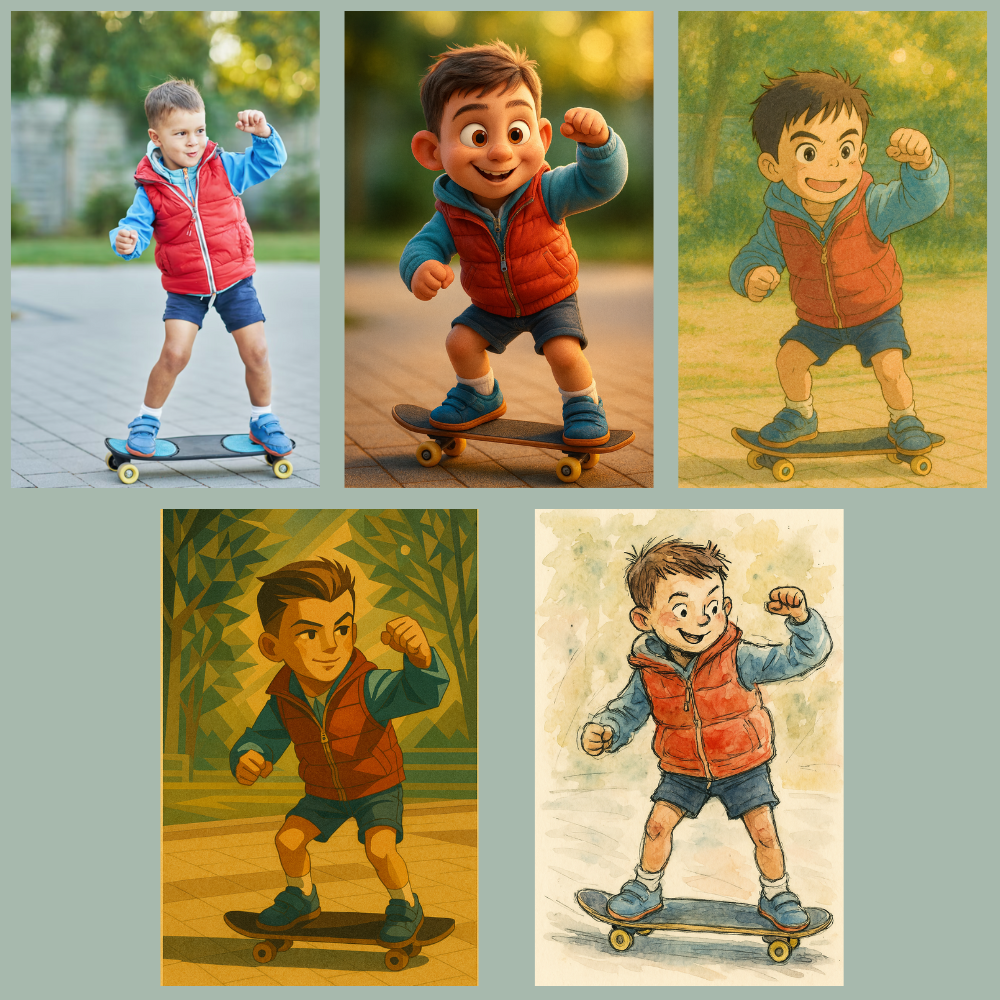 Collage of a boy on a skateboard with different color schemes and styles.