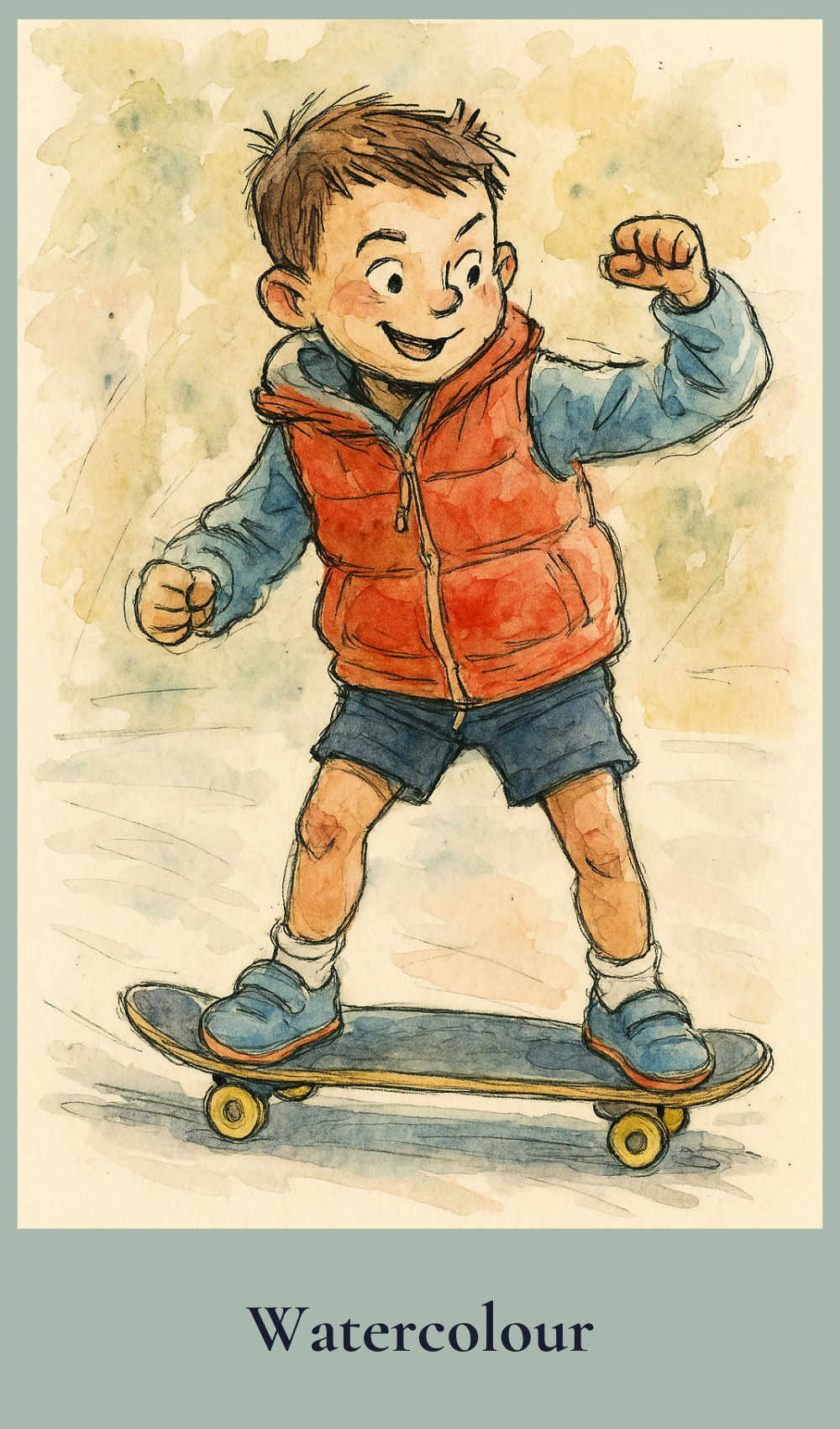 Illustration of a boy on a skateboard with a watercolour effect