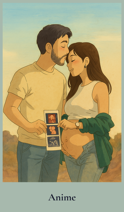 Anime-style illustration of a pregnant woman and her partner holding ultrasound images.