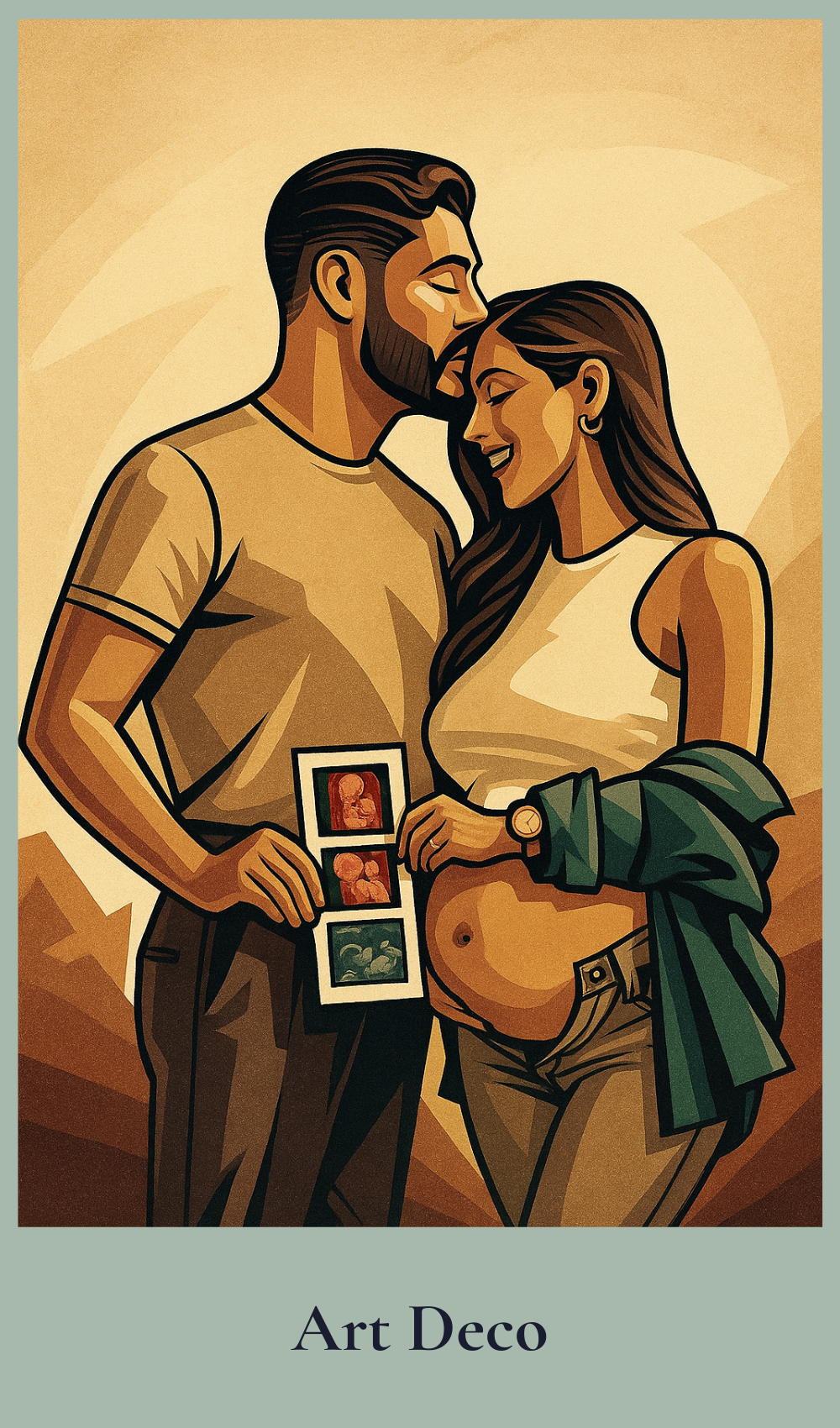 Art Deco-style illustration of a pregnant woman and her partner holding ultrasound images.