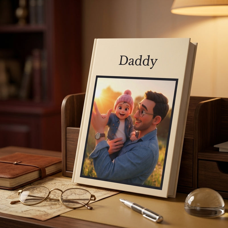 A hardcover photo book standing upright on a wooden desk, printed with the name 'Daddy' at the top and featuring a custom photo of a man holding a baby. The book is styled in a warm, cozy home office setting with a lamp, glasses, and a notebook nearby.