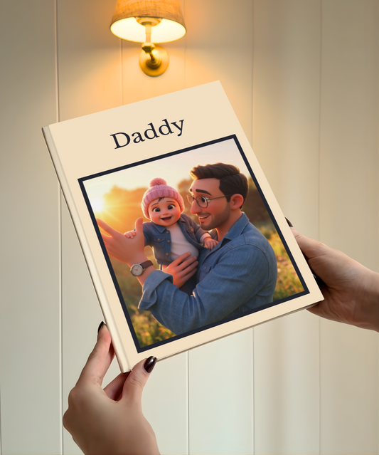 A custom hardcover photo book held by hands against a warm, softly lit background. The book cover is cream-colored with the name 'Daddy' printed at the top in a black serif font, and features a custom family photograph of a man holding a baby.