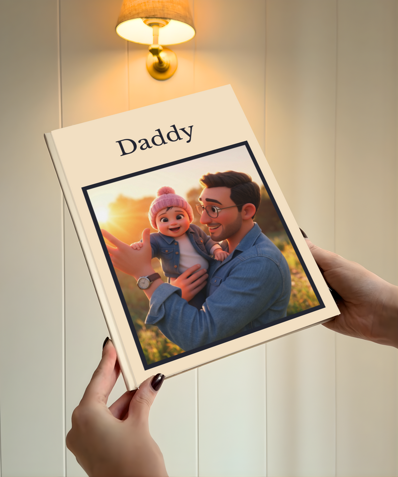 A custom hardcover photo book held by hands against a warm, softly lit background. The book cover is cream-colored with the name 'Daddy' printed at the top in a black serif font, and features a custom family photograph of a man holding a baby.