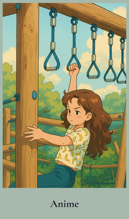 Anime-style illustration of a girl climbing on playground equipment with a green landscape in the background.