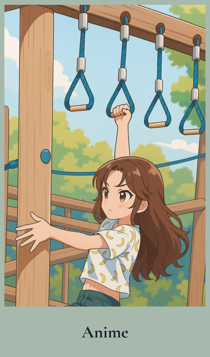 Anime character hanging from a playground structure with greenery in the background