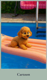 Cartoon dog on an inflatable pool float by a pool