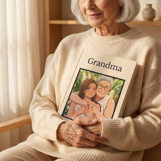 A personalized hardcover book titled 'Grandma' is held by two hands against a warm, softly lit cream-colored paneled wall. The book cover features a custom illustration of a grandmother and granddaughter hugging, framed by a dark navy border.