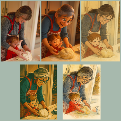 Collage of images showing an older woman and a child kneading dough together.