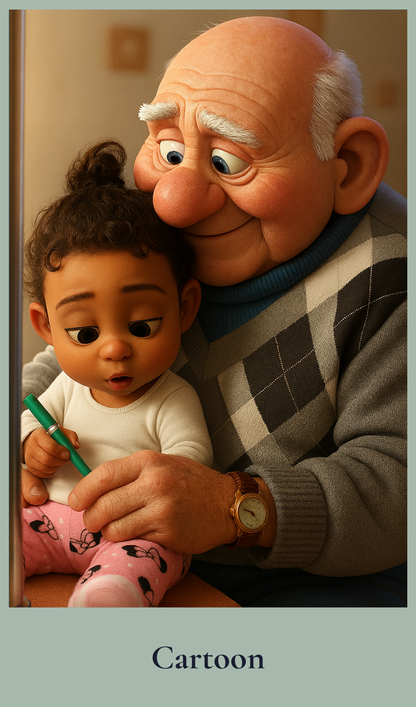 Cartoon character holding a baby with a pen, set against a neutral background.
