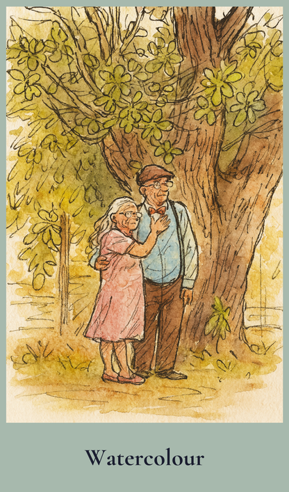Watercolor illustration of an elderly couple under a tree