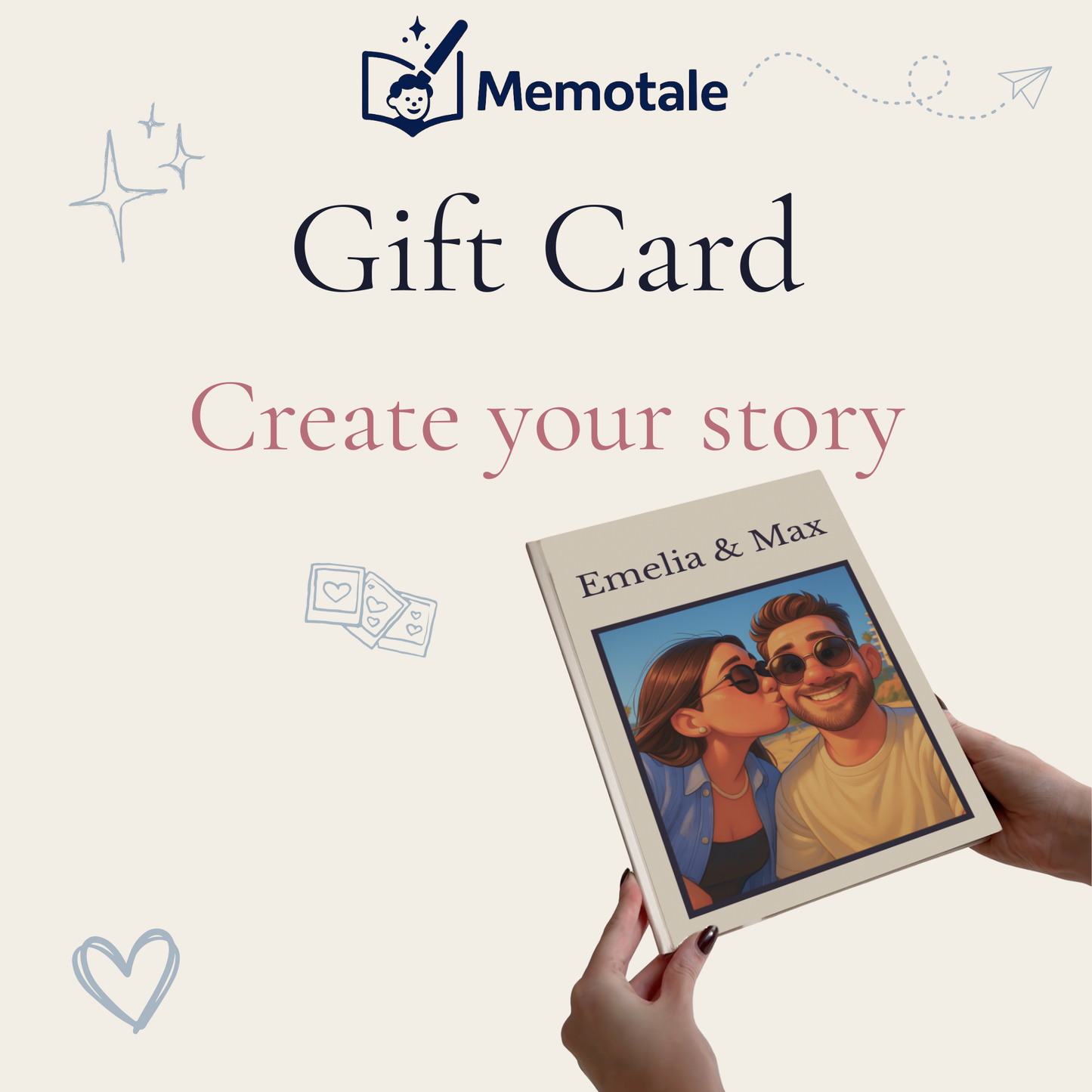 Memotale gift card for fully personalised illustrated books based on people's memories and photographs.