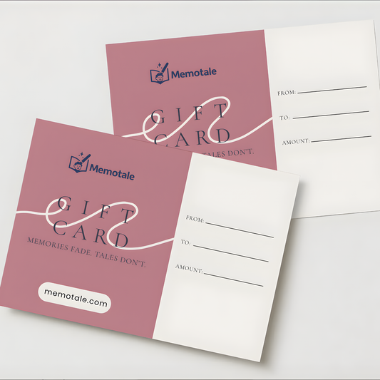 Memotale gift card for fully personalised illustrated books based on people's memories and photographs.