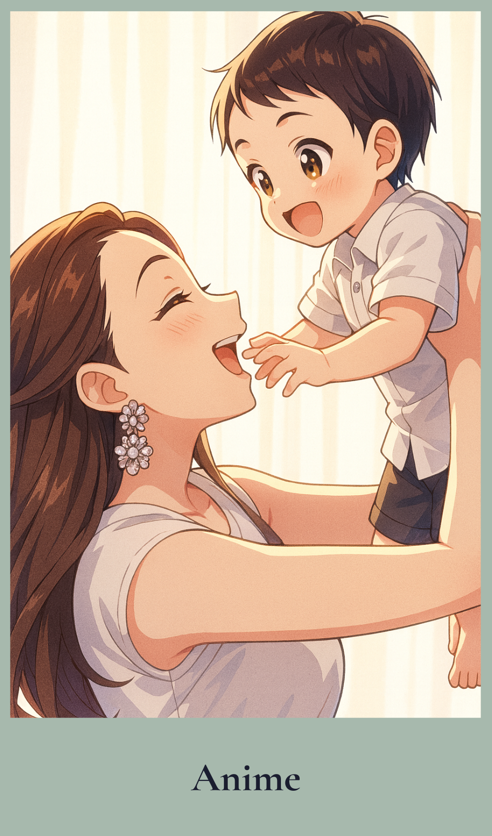 Anime-style illustration of a woman holding a child with a soft background