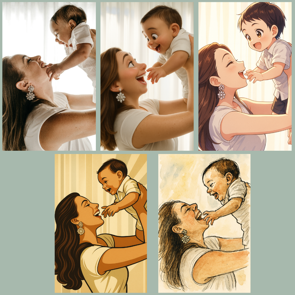 Collage of a woman holding a baby with different artistic styles applied.