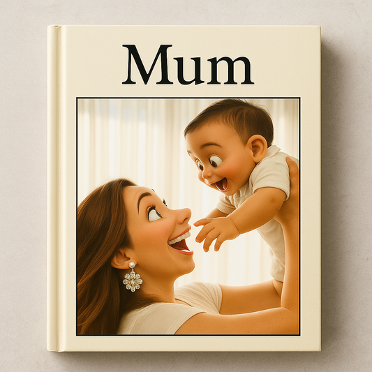 Book cover with a woman holding a baby and the word 'Mum' above them on a beige background.
