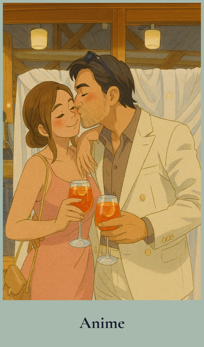 Anime-style illustration of a couple sharing a romantic moment with cocktails.
