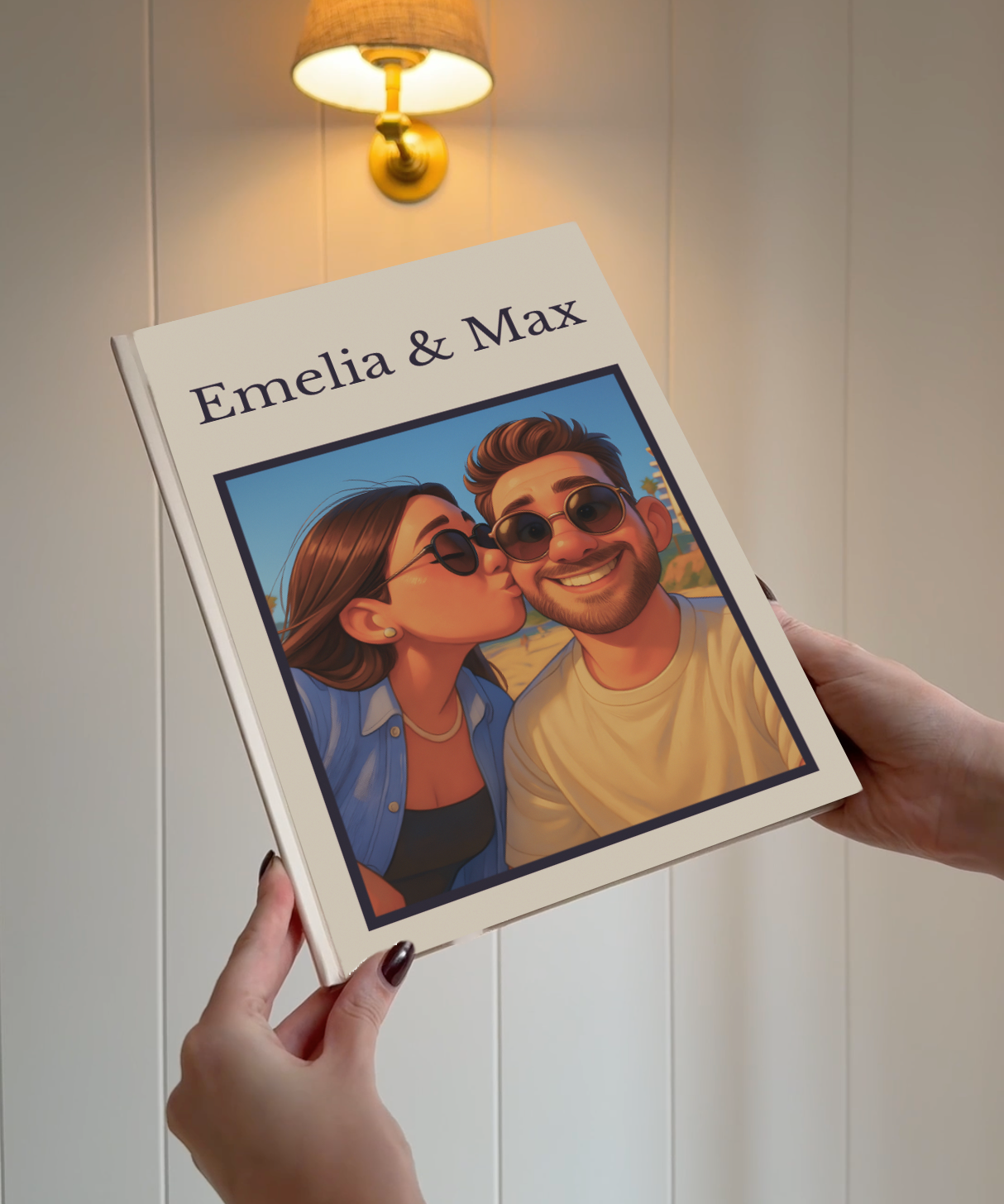 Product photo of a fully personalised illustrated story book for couples
