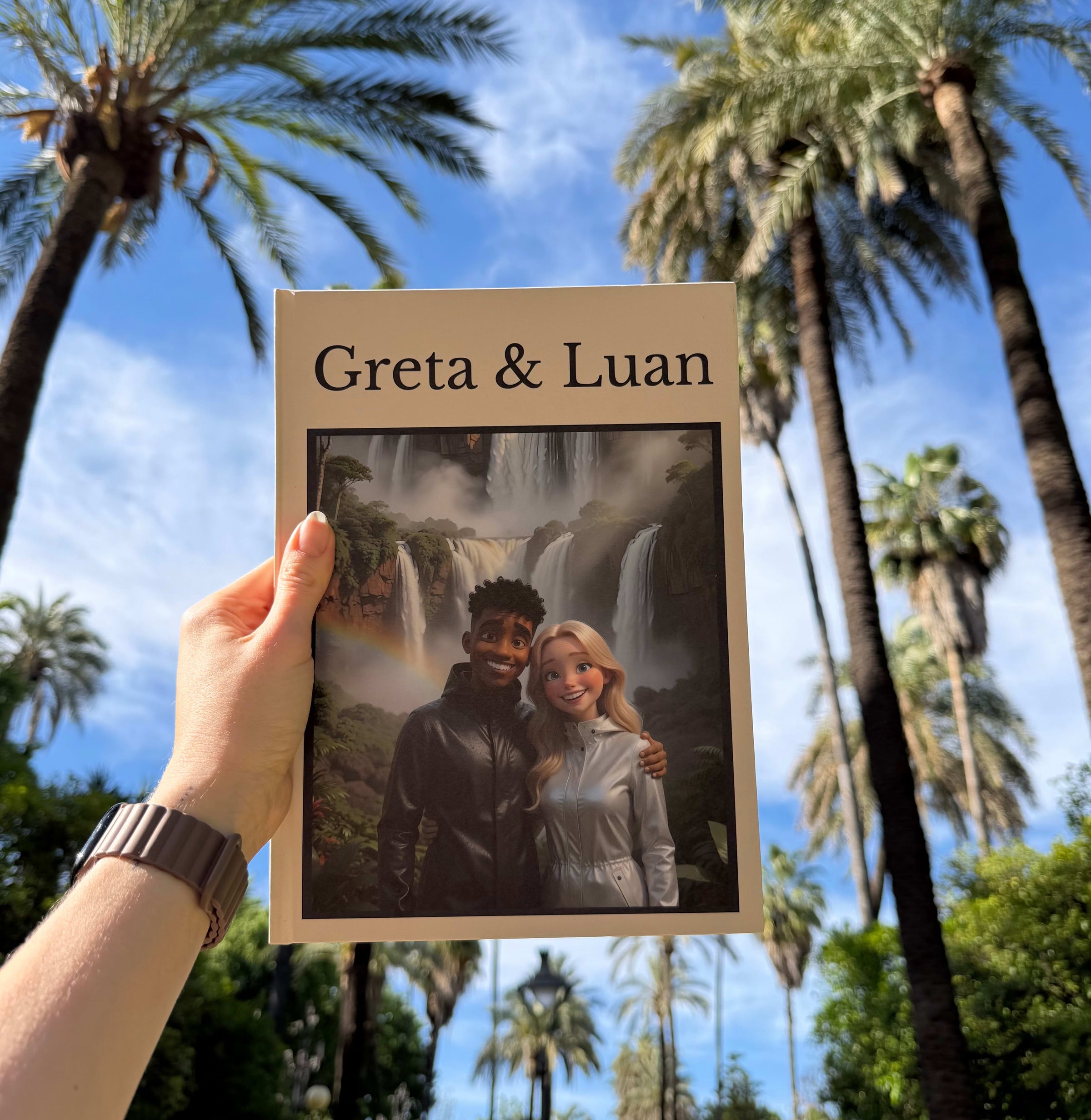 Person holding a photo frame with 'Greta & Luan' against a palm tree background