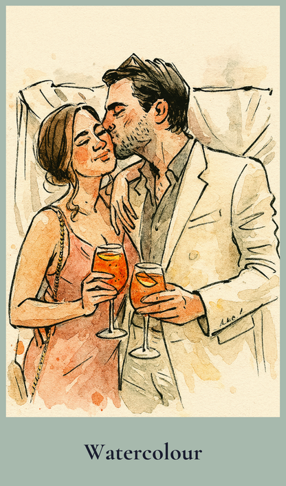 Watercolour-style illustration of a couple sharing a romantic moment with cocktails.